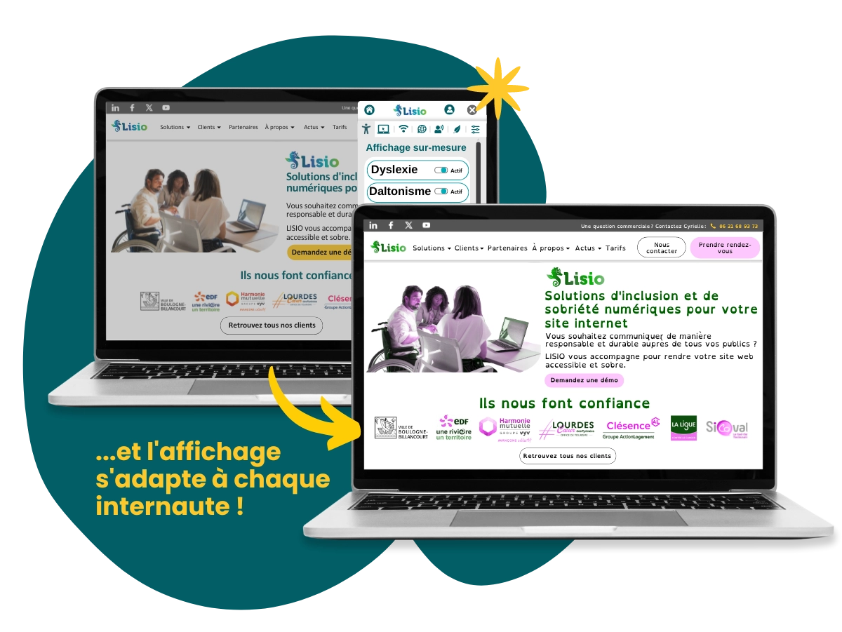 Ecrans d'ordinateurs présentant le résultat avant/après de l'adaptation LISIO-WebEngagé suite à l'activation des fonctionnalités Dyslexie et Daltonisme