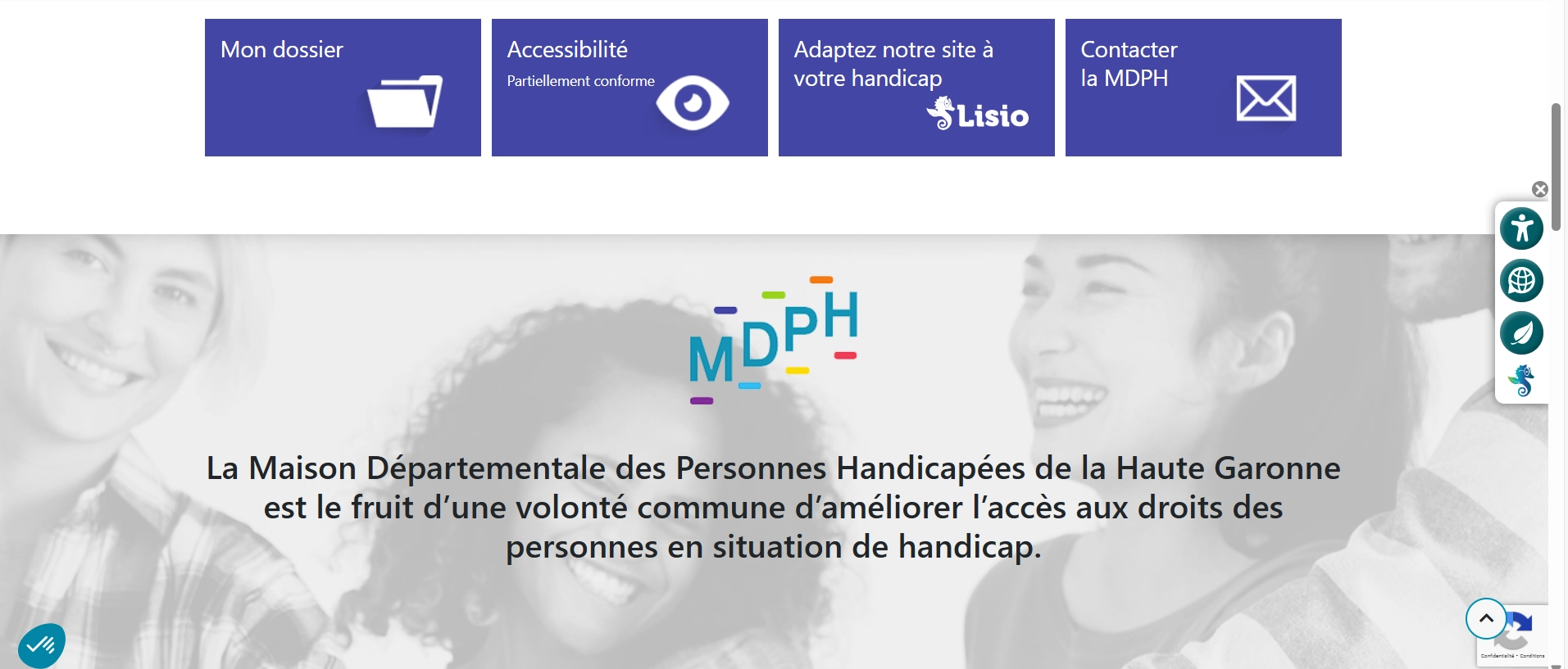 capture d'écran de la page d'accueil du site de la MDPH 31 avec l'onglet "adaptez notre site à votre handicap