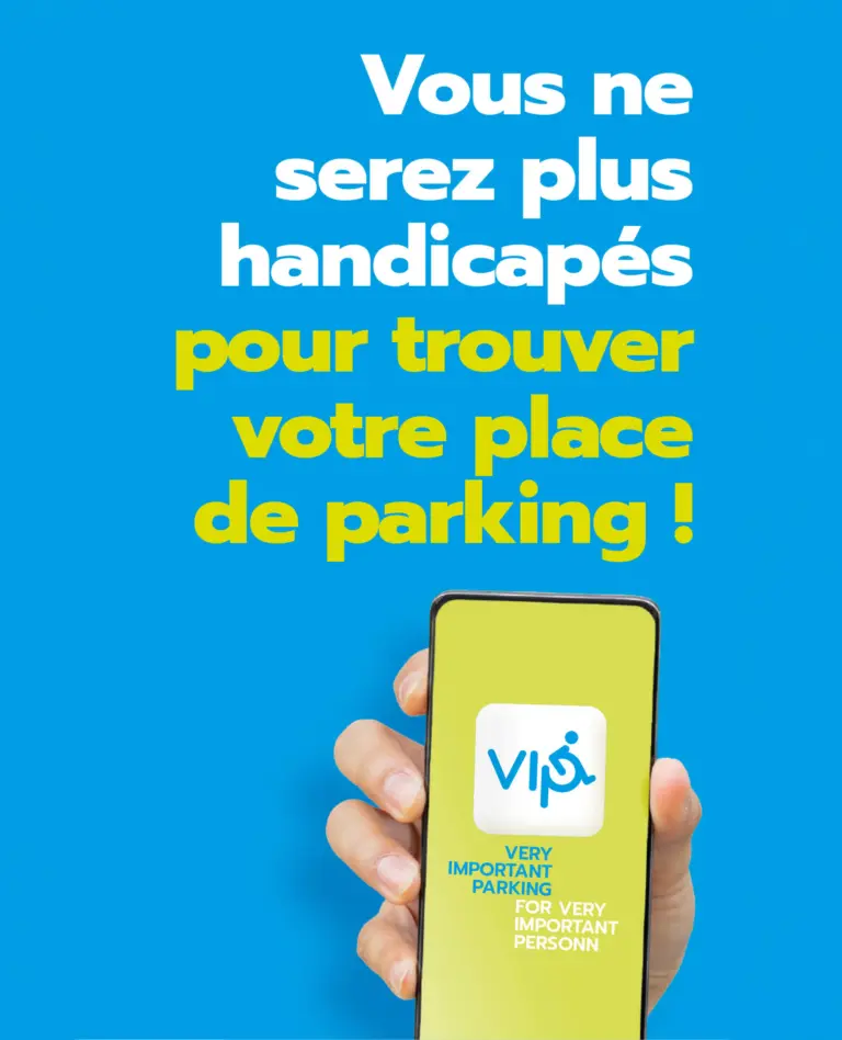 Texte : "vous ne serez plus handicapés pour trouver votre place de parking !" smartphone montrant l'application