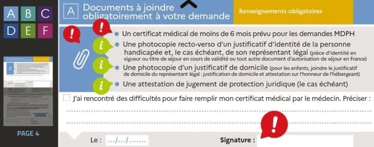 Capture d'écran du formulaire de demande à la MDPH avec plusieurs pictogrammes d'informations supplémentaires pour aider à comprendre les questions et à rédiger le formulaire