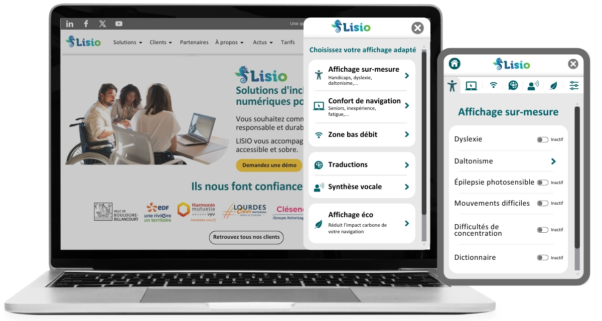 Ecrans d'ordinateurs présentant la solution LISIO-WebEngagé 