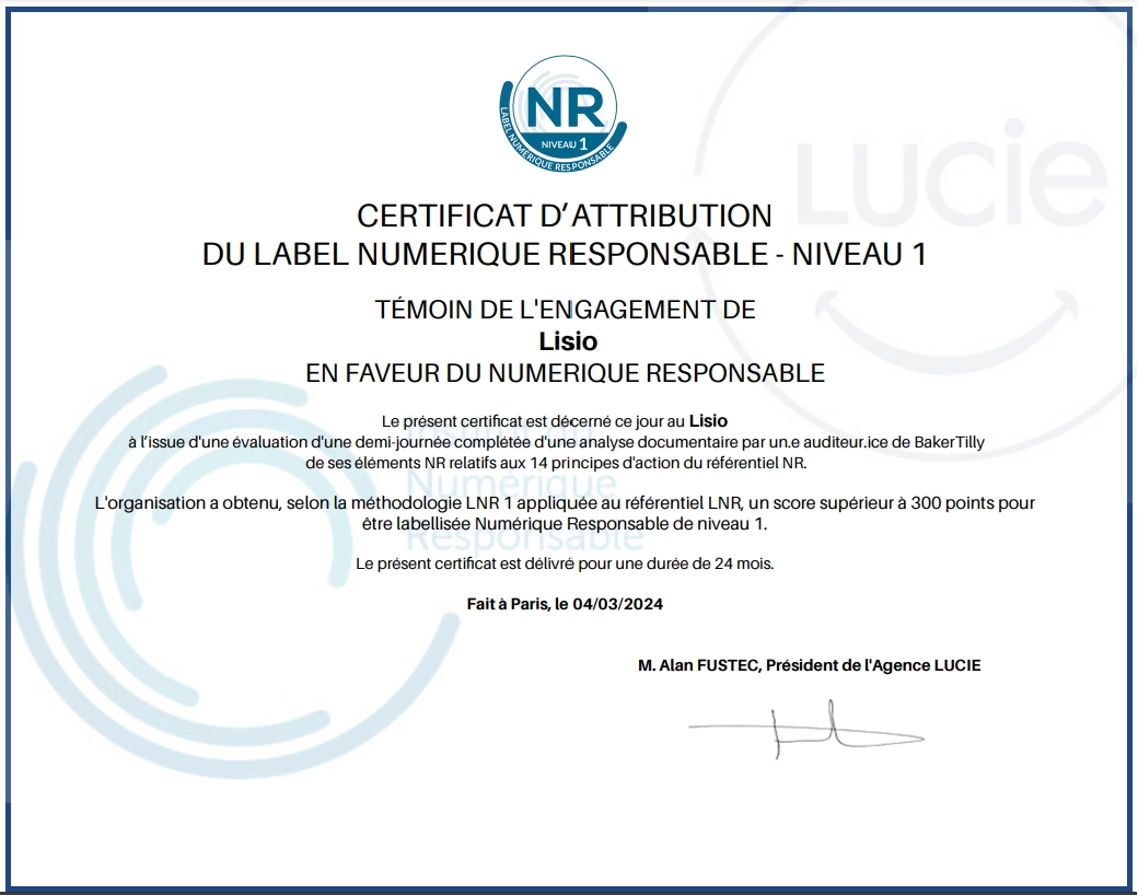 Certificat d'attribution du label numérique responsable de niveau 1 à LISIO