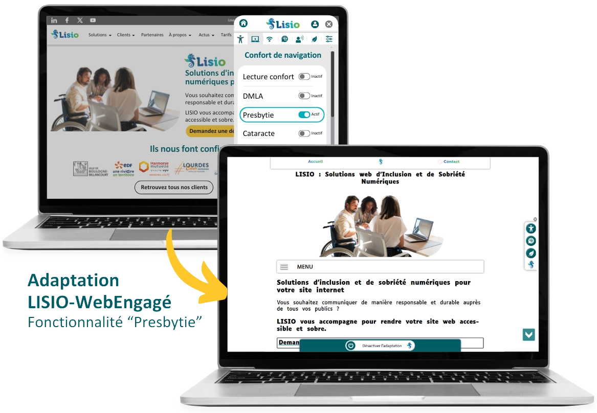 Ecrans d'ordinateurs présentant le résultat avant/après de la fonctionnalité   "PRESBYTIE" de la solution LISIO-WebEngagé 