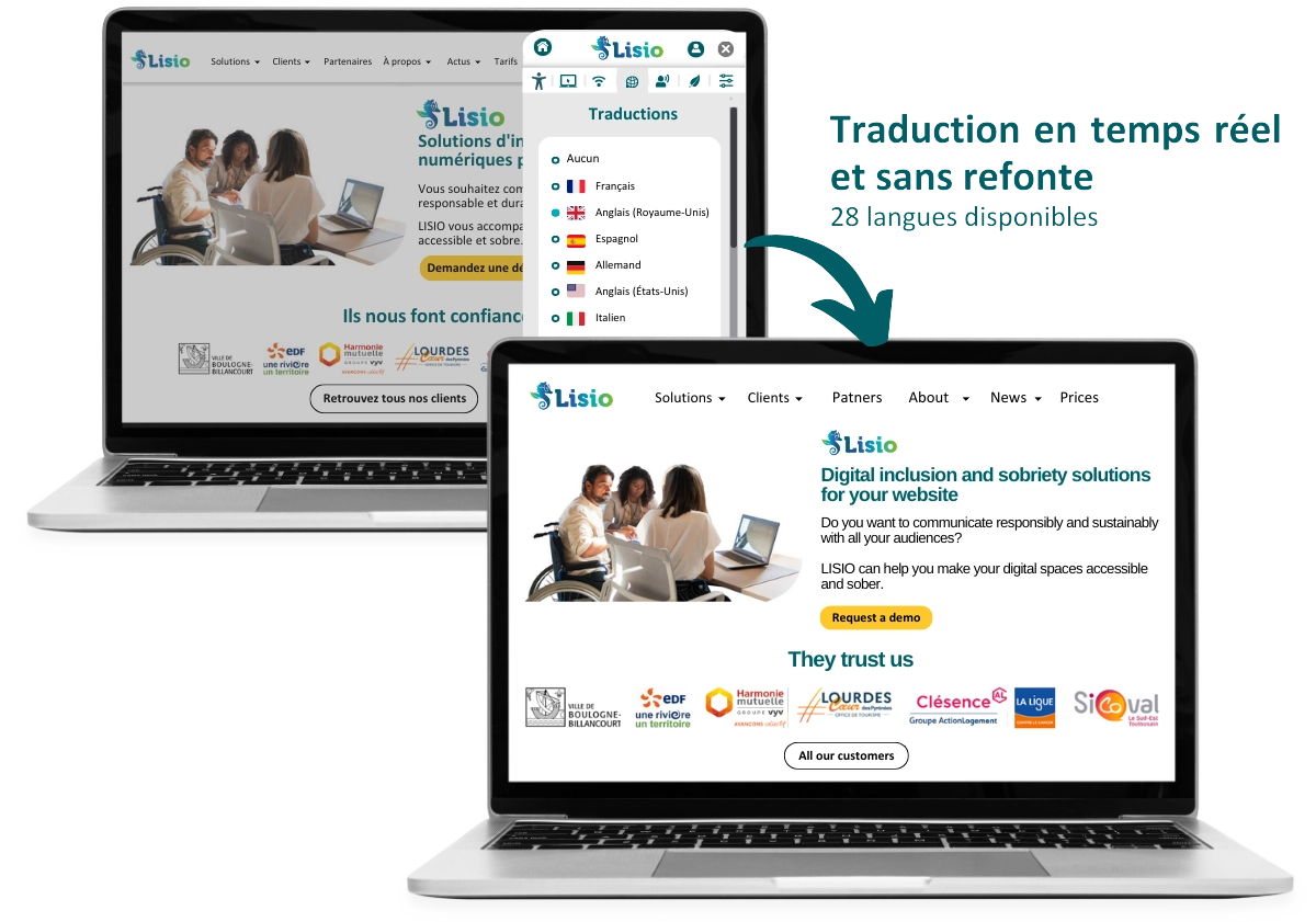 Ecrans d'ordinateurs présentant le résultat avant/après de la fonctionnalité  "TRADUCTION" (Du français à l'anglais) de la solution LISIO-WebEngagé