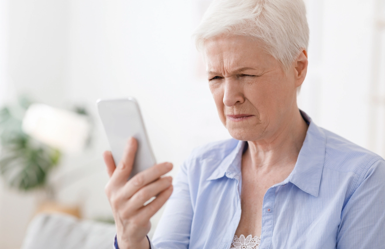 Femme rencontrant des difficultés à lire sur son smartphone 