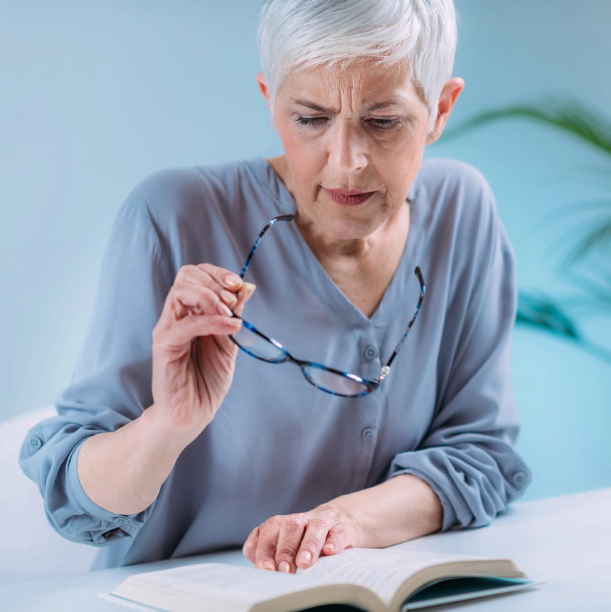 Femme rencontrant des difficultés à lire un livre